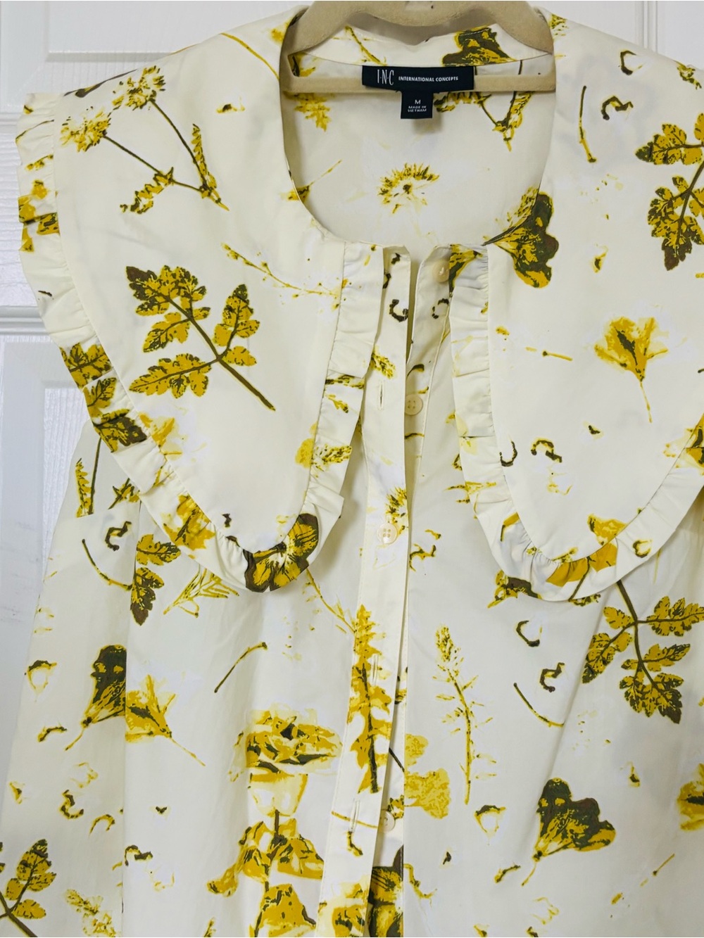 INC International Concepts Cream Blouse with Yellow Floral Print